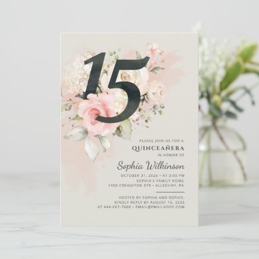 Invitation Aquarelle florale Quinceanera 15e anniversaire Scr (Debout devant)