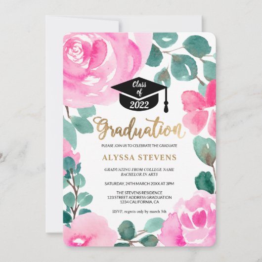 Invitation Aquarelle florale rose (Devant)