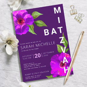 Invitation Aquarelle florale rose Bat mitzvah moderne violet