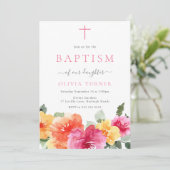 Invitation Aquarelle florale rose Bébé filles Baptême (Debout devant)