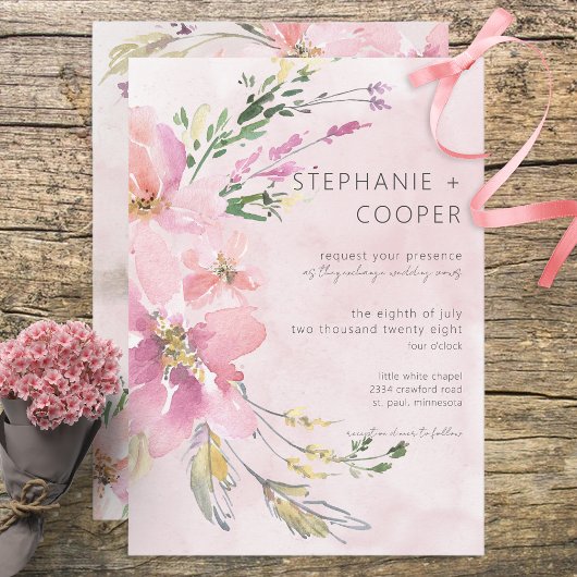 Invitation Aquarelle florale rose bleu Mariage moderne