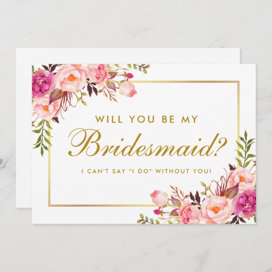 Invitation Aquarelle Florale Rose Blush Gold Bridesmaid (Devant / Derrière)