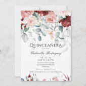 Invitation Aquarelle florale rose bordeaux Quinceañera (Devant)