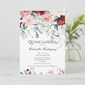 Invitation Aquarelle florale rose bordeaux Quinceañera (Debout devant)