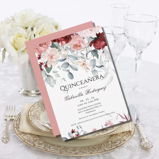 Invitation Aquarelle florale rose bordeaux Quinceañera