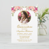 Invitation Aquarelle Florale rose Cadre rond Quinceanera (Debout devant)