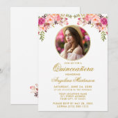 Invitation Aquarelle Florale rose Cadre rond Quinceanera (Devant / Derrière)