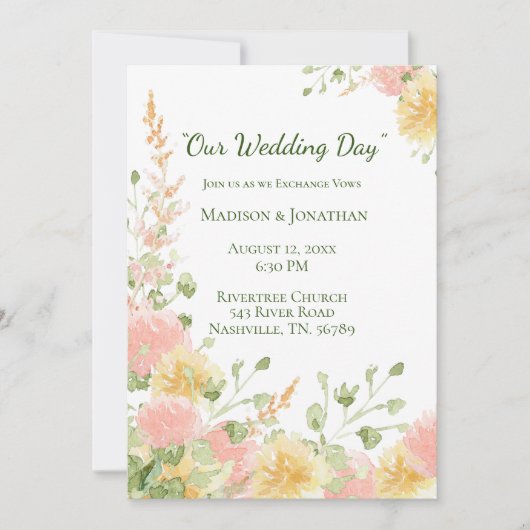 Invitation Aquarelle Florale Rose Élégant Chic Vert Script (Devant)