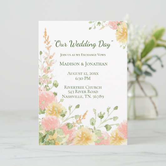 Invitation Aquarelle Florale Rose Élégant Chic Vert Script (Debout devant)