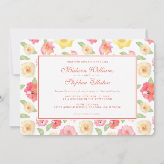 Invitation Aquarelle florale rose et jaune - Mariage (Devant)