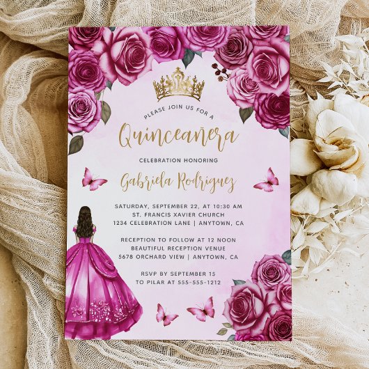 Invitation Aquarelle Florale rose Fuchsia Quinceañera