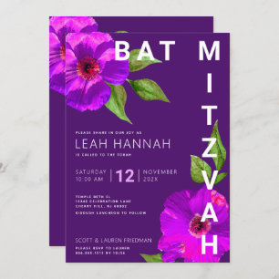 Invitation Aquarelle florale rose moderne violet Bat mitzvah