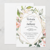 Invitation Aquarelle Florale Rose Or Mariage moderne (Devant / Derrière)