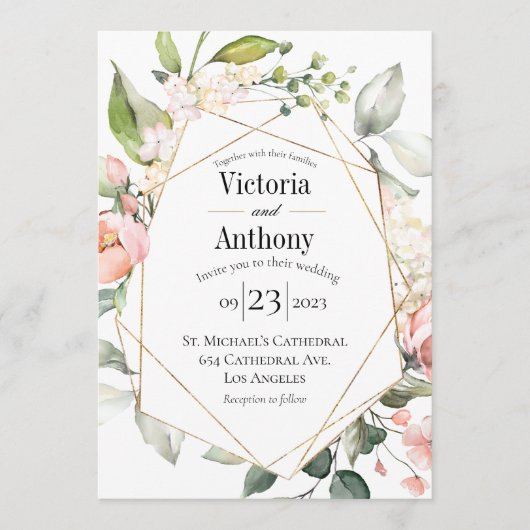 Invitation Aquarelle Florale Rose Or Mariage moderne (Devant)