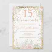 Invitation Aquarelle florale rose or Quinceanera (Devant)