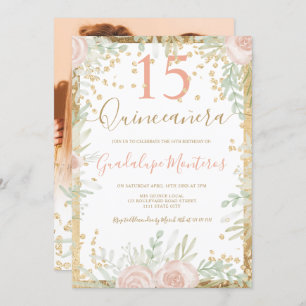 Invitation Aquarelle florale rose or Quinceanera