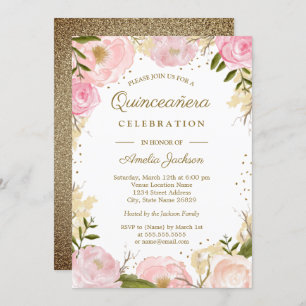 Invitation Aquarelle Florale rose or Quinceanera