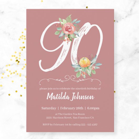 Invitation Aquarelle florale rose pâle 90e anniversaire