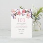Invitation Aquarelle florale rose Peach 100e anniversaire Inv (Debout devant)