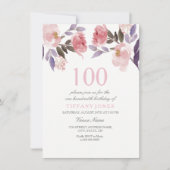 Invitation Aquarelle florale rose Peach 100e anniversaire Inv (Devant)