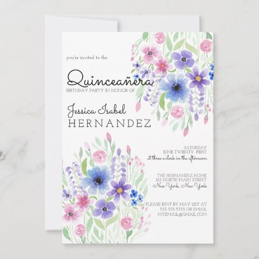 Invitation Aquarelle Florale Rose-Pink Quinceañera (Devant)