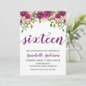 Invitation Aquarelle florale rose pourpre 16e anniversaire (Debout devant)