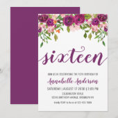 Invitation Aquarelle florale rose pourpre 16e anniversaire (Devant / Derrière)
