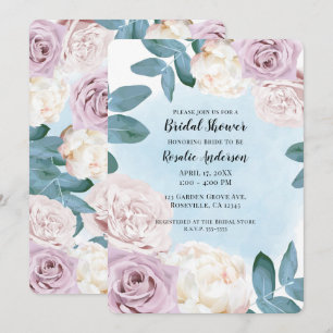 Invitation Aquarelle Florale Rose Poussiéreuse Ivoire Bleu Ma