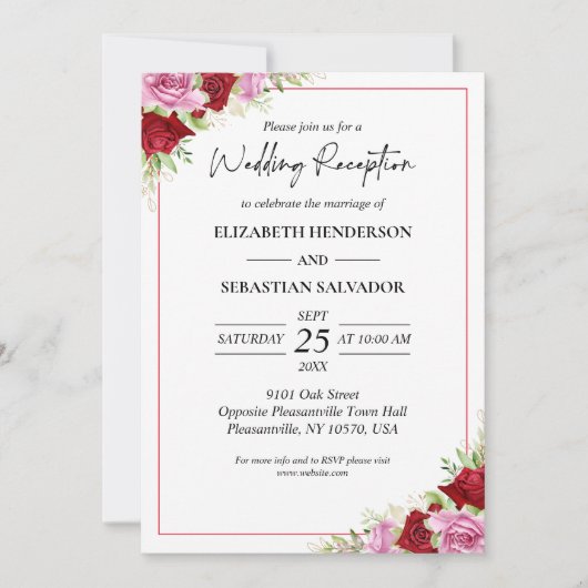 Invitation Aquarelle Florale Rose Réception de mariage (Devant)