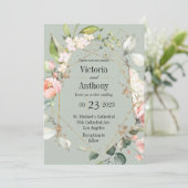 Invitation Aquarelle Florale Rose Vert Or Mariage moderne (Debout devant)