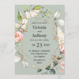 Invitation Aquarelle Florale Rose Vert Or Mariage moderne