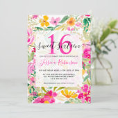 Invitation Aquarelle florale rose vif or chic Sweet 16 (Debout devant)