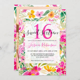 Invitation Aquarelle florale rose vif or chic Sweet 16