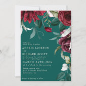 Invitation Aquarelle florale Roses rouges mariage vert émerau (Devant)