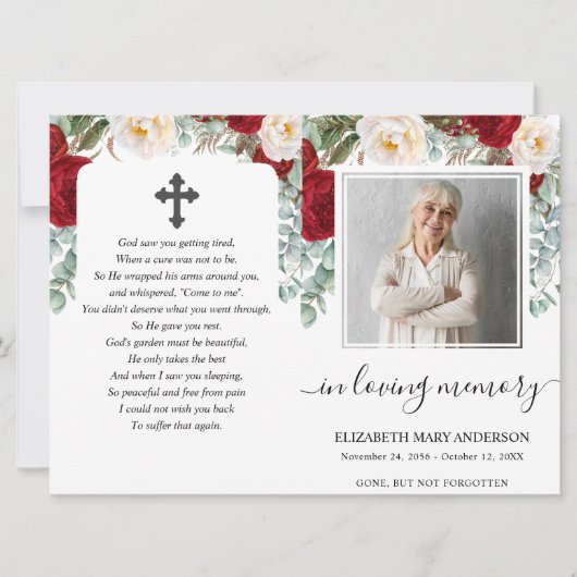Invitation Aquarelle florale rouge Photo Funérailles Programm (Devant)