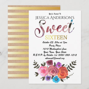 Invitation Aquarelle Florale Rustique Gold Sweet 16