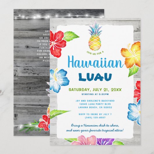 Invitation Aquarelle florale rustique Tropical Hawaiian Luau (Devant / Derrière)