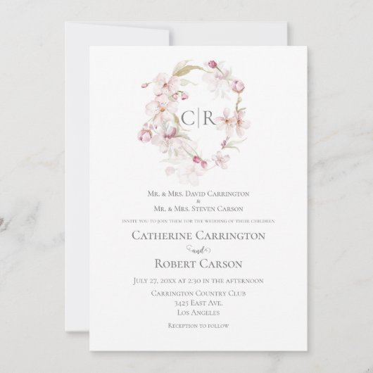 Invitation Aquarelle florale Script Pastel Mariage rose (Devant)
