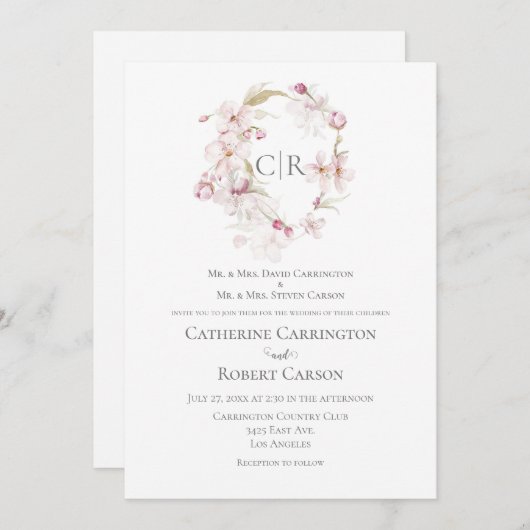 Invitation Aquarelle florale Script Pastel Mariage rose (Devant / Derrière)