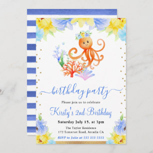 Invitation Aquarelle Florale sous-marine Octopus Anniversaire