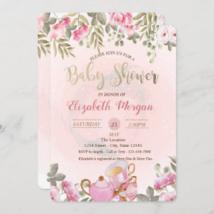 Invitation Aquarelle Florale Teapot Baby shower Macaron