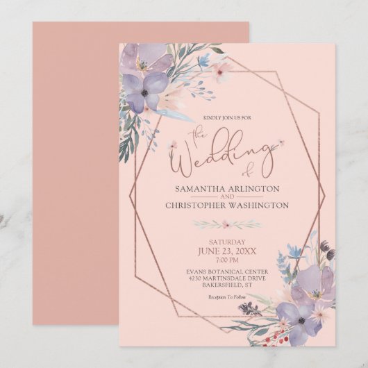 Invitation Aquarelle Florale Terra Cotta Rose Mariage or (Devant / Derrière)