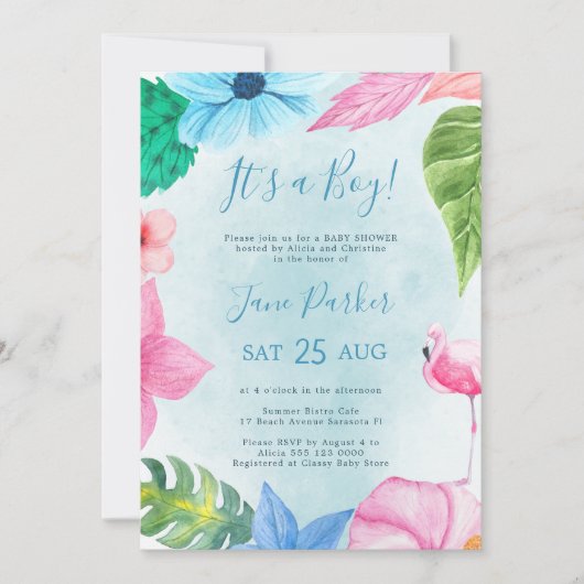 Invitation Aquarelle florale tropicale baby shower garçon ble (Devant)