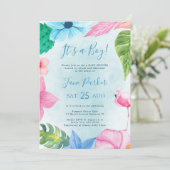 Invitation Aquarelle florale tropicale baby shower garçon ble (Debout devant)