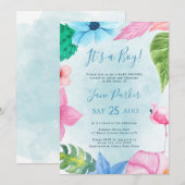 Invitation Aquarelle florale tropicale baby shower garçon ble (Devant / Derrière)