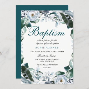 Invitation Aquarelle florale Turquoise vert Baptême Invitatio