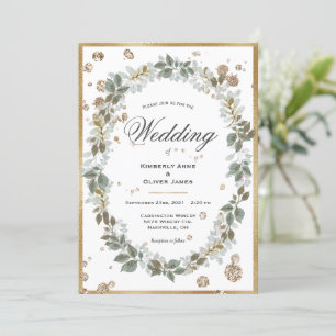 Invitation Aquarelle Florale Verdure Mariage cadre or