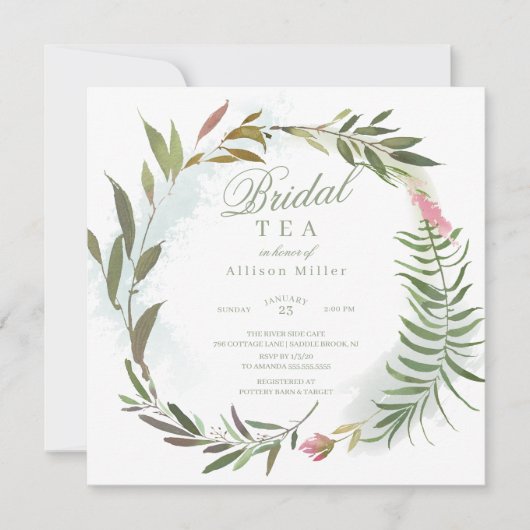 Invitation Aquarelle Florale verte Wreath Thé nuptial (Devant)