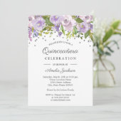 Invitation Aquarelle florale violet argenté Quinceanera Invit (Debout devant)