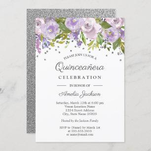 Invitation Aquarelle florale violet argenté Quinceanera Invit